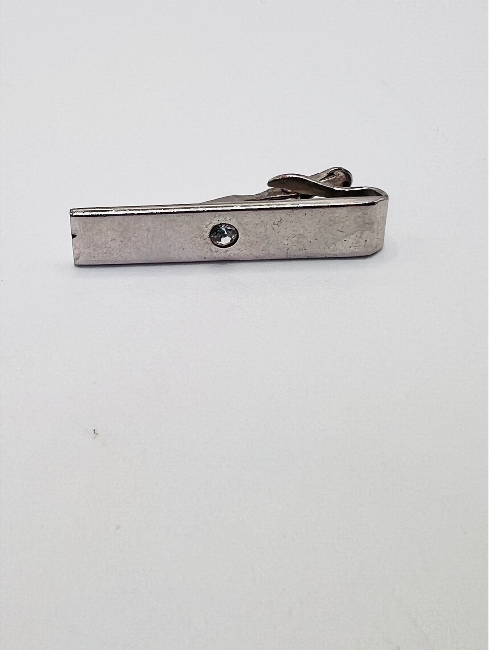 Vintage SWANK Silver Tone Tie Clip Clear Rhinestone Mid Century 1.5”